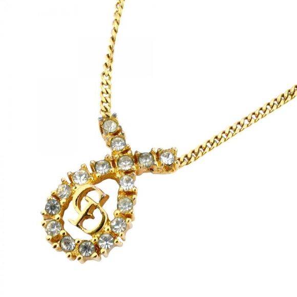 Christian Dior Necklace CD Logo GP Plated Rhinestone Gold Ladies